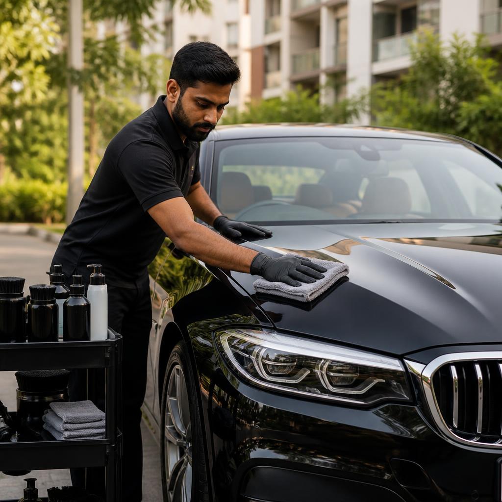 A Mozo car care professional cleaning a sedan at a Bengaluru East driveway